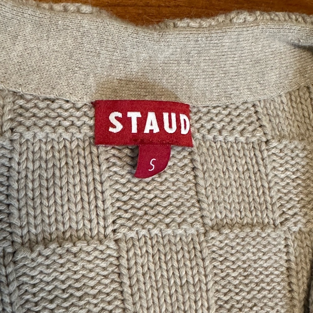 STAUD Checkerboard Knit Cardigan Sweater Size Small Cropped Taupe Wool Blend - Picture 5 of 6